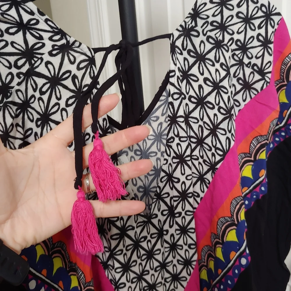 Trina Turk Black Swim Coverup with Pink and White Chevron Print